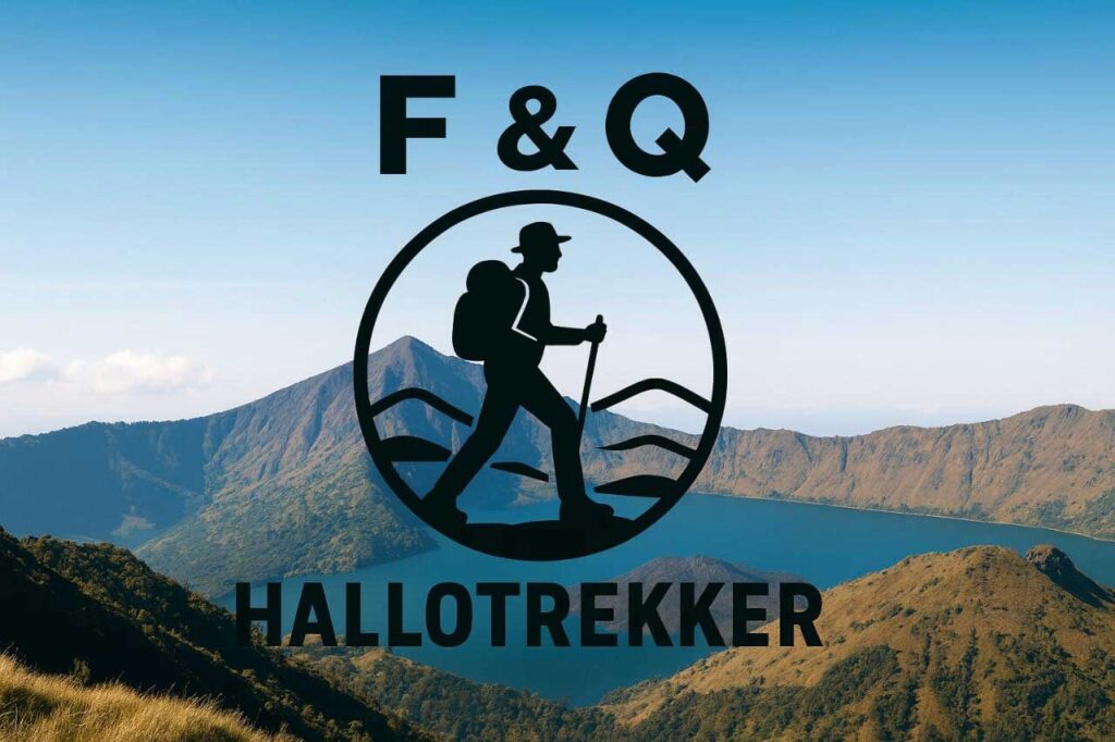 F & Q HalloTrekker logo with a hiker silhouette over the background of Mount Rinjani and Segara Anak Lake.