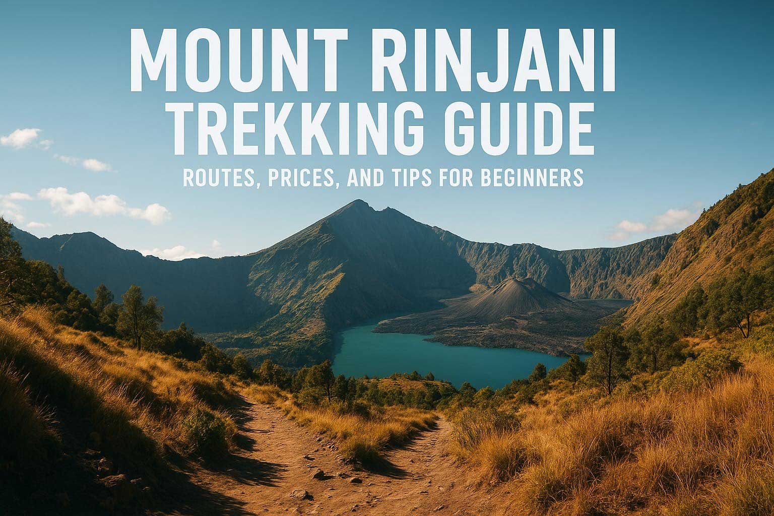 Mount Rinjani trekking trail overlooking Segara Anak Lake and volcanic crater.