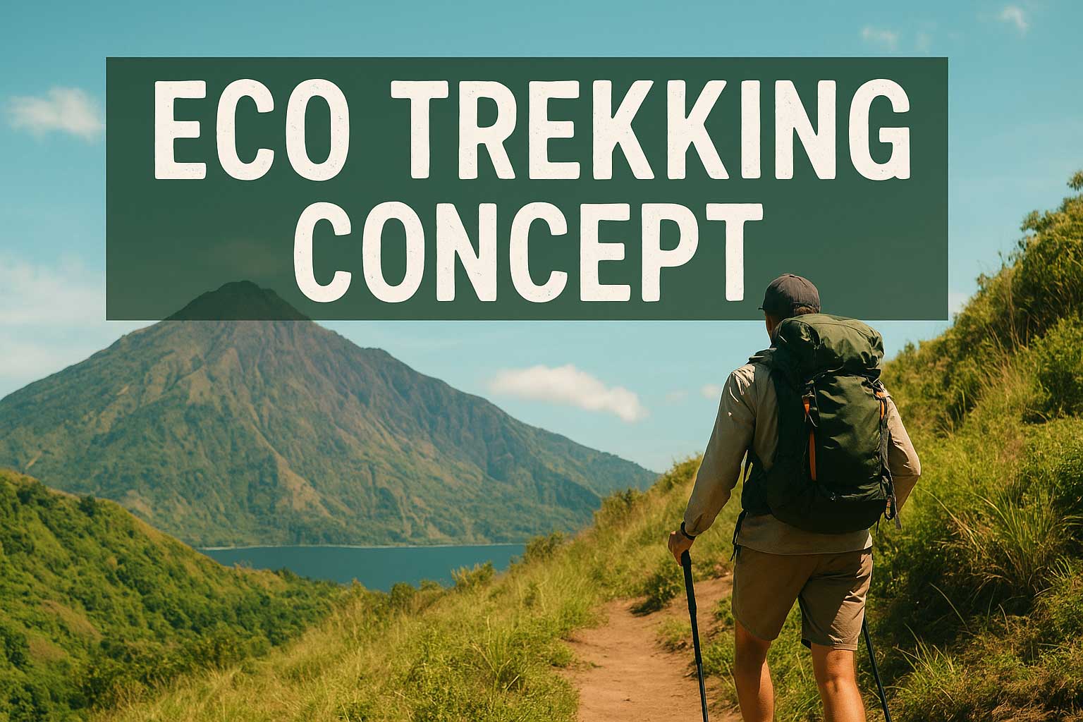 A hiker with a large backpack walks along a mountain trail with Mount Rinjani in the background, under a banner reading “Eco Trekking Concept.”