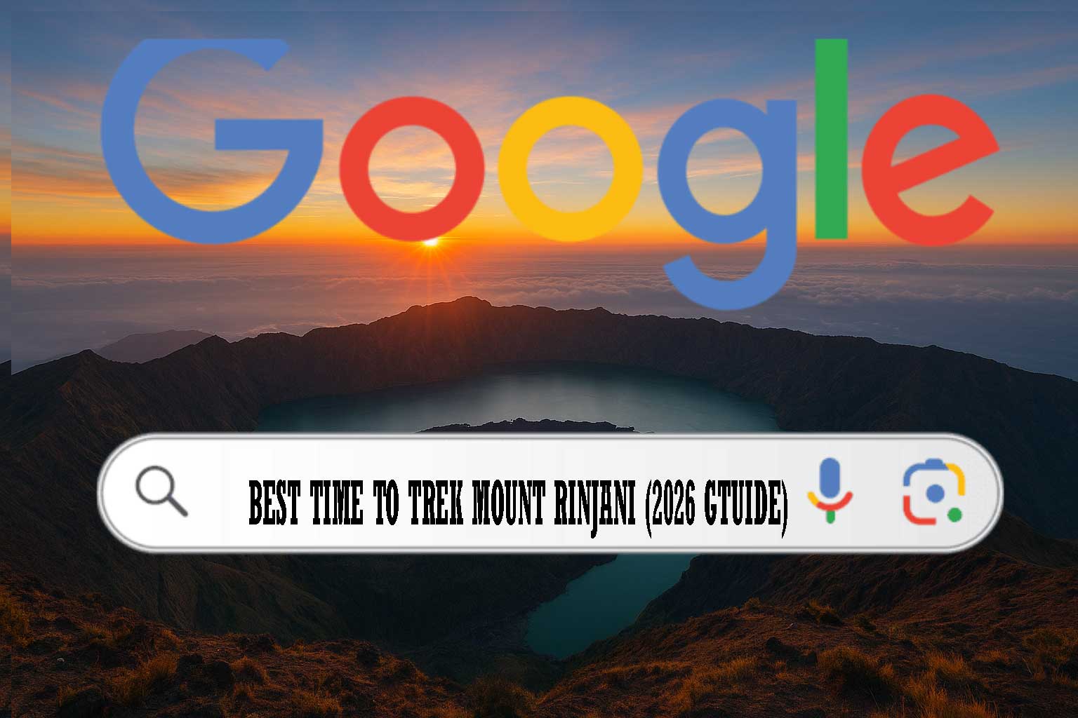 Best time to trek Mount Rinjani 2026 shown in Google search concept with sunrise view over Rinjani crater lake.